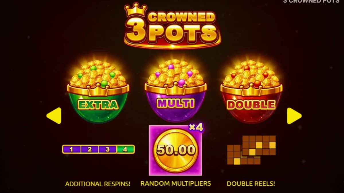 Tampilan visual slot 3 Crowned Pots dengan simbol buah dan pot emas