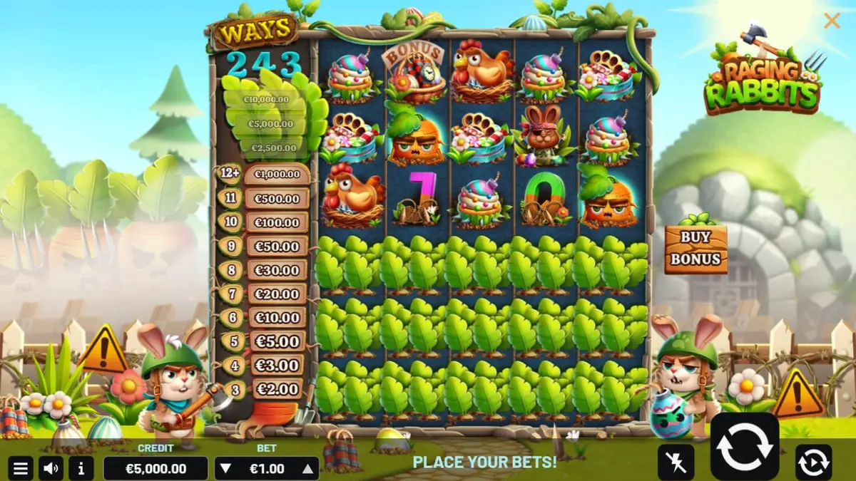 Tampilan visual slot Raging Rabbits dengan tema kelinci militer